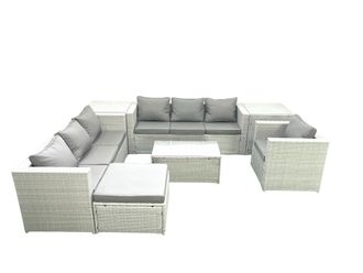 Fimous Wicker PE Rattan Sofa Garden Furniture Set with Armchair Oblong Coffee Table Big Footstool 2 Side Tables Light Grey Mixed