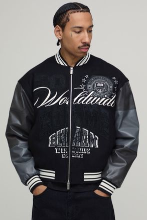 Boohooman Mens Boxy Fit Melton & PU Mixed Fabric Embellished Varsity Jacket - Black - Size X-Large