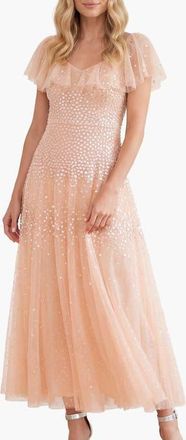 Needle & Thread Sunrise Sequin V-neck Ankle Gown in Apricot Blush at Nordstrom, Size 10