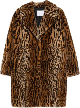 Stand Studio Luipaardprint Revers Jas - Dames - Mantel - Bruin - M - Polyester - Jassen