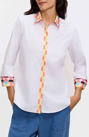 Foxcroft Luna Three-Quarter Sleeve Border Print Button-Up Shirt in White Multi at Nordstrom, Size 10