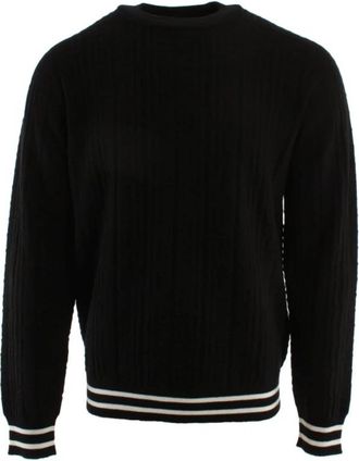 Balmain Merino wollen trui met streepdetails en jacquardpatroon - Heren - Ronde hals truien - Zwart - L - Wol - Truien & Vesten
