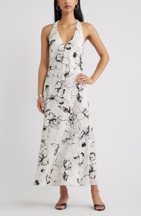 Open Edit Halter Maxi Dress in Ivory- Black Flowers at Nordstrom, Size Xx-Small