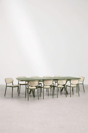 Sklum Set De Mesa Rectangular 240-300x100 Cm Extensible En Aluminio Karena Y 10 Sillas De Comedor Apilables En Polipropileno Omara Sklum