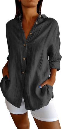 Generic Womens Cotton and Linen Casual Single-Breasted Pleated Lapel Shirt, Summer V Neck Solid Shirts Work Tops (Black,XXL)