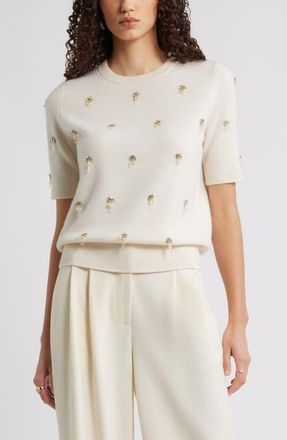 Nordstrom Embellished Short Sleeve Wool & Cashmere Sweater in Ivory Pristine Embellished at Nordstrom, Size Xx-Small