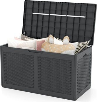 Costway Baule da Esterno 380 L Impermeabile, Cassapanca Contenitore in Rattan con Coperchio Bloccabile e Ruote, Baule Salvaspazio per Mantenere