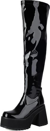 Generic Womens Block High Heel Platform Long Boots Patent Leather Thigh High Boots Round Toe Gothic Punk Boot with Side Zipper,Black1,3.5 UK