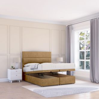 Sloomy Texas Plush Fabric Ottoman Bed End Opening With Sprung Memory Mattress & 26 Inch strut Headboard in Light Brown | Size: Small Single