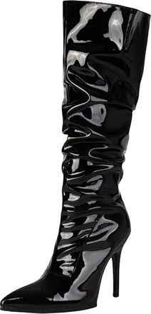 Generic Womens Sexy Knee High Boots Pointed Toe Super High Square Heel With Side Zipper And Pleated Shaft For Banquets