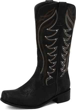 Generic Womens Mid Block Heel Long Boots Square Toe PU Leather Mid-Calf Boots Pull on Wide-Calf Cowboy Boot with Embroidery Stitched,Black,10.5 UK