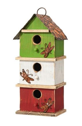 Glitzhome 13.75H Multicolored Three-Tiered Distressed Solid Wood Birdhouse in Green at Nordstrom, Size Medium