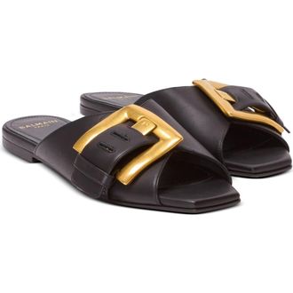 Balmain Anthem flat calfskin leather sandals in Black at Nordstrom, Size 37 Eu