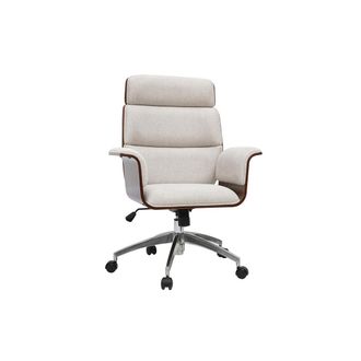 Miliboo Silla De Oficina Con Ruedas De Dise&ntilde;o En Tejido Efecto Terciopelo Texturizado Beige, Madera Oscura Y Acero Cromado Elon