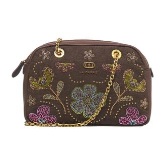 La Carrie Tassen, Dames, Bruin, ONE Size, Leer, Schoudertas met strass en bloemenpatroon