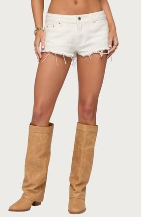Edikted Low Rise Fray Hem Denim Shorts in White at Nordstrom, Size X-Large