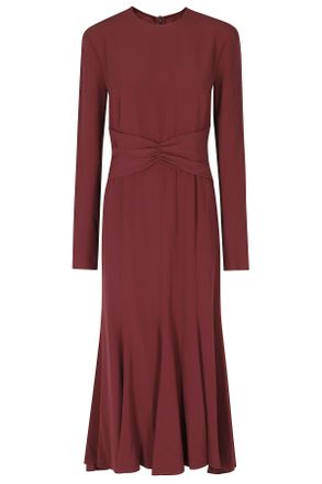 Alberta Ferretti Red Enver Satin Draped Waistband Long Sleeve Viscose Dress