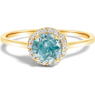 House of Brilliance 10K Gold Gemstone and 1/10 Cttw Diamond Halo Birthstone Ring in Yellow | Blue Aquamarine at Nordstrom, Size 6.5