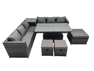 Fimous 9 Seater Outdoor Garden Rattan Furniture Set with 3 Stools Side Table in Dark Grey