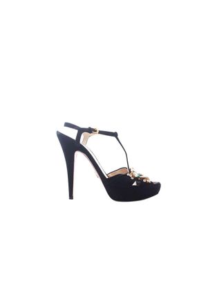 Prada Black suede crystal embellished peep toe heeled sandals Size 39