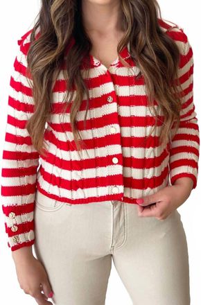 Dex Clothing Long Sleeve Knit Cardigan In Scarlet/cream Stripe
