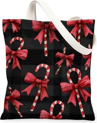 Generic Festive Canvas Tote Bags, Vintage Candy Cane and Bow Pattern Reusable Grocery Bags, Lightweight Washable Shoulder Strap Canvas for Shopping Travel Bea