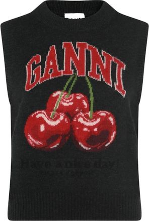 Ganni Graphic Wool Vest - Dames - Ronde hals truien - Grijs - S - Wol - Truien & Vesten