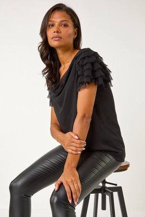 Roman Cowl Neck Shoulder Sequin Frill Top