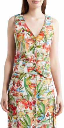 Farm Rio Cocktail Print Linen Vest In Off-White Sand
