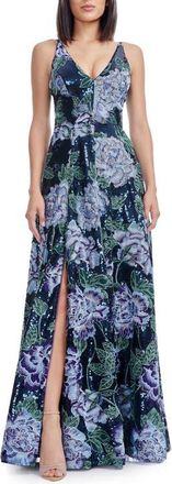 Dress The Population Alyssa Floral Gown in Navy Multi at Nordstrom, Size Xx-Large