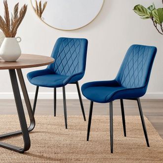 Furniturebox Set of 2 Pesaro Luxury Velvet Dining Chairs With Diamond Stitched Back & Black Metal Legs in Navy