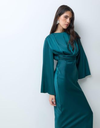 Asos vestito lungo drappeggiato con maniche a tromba in verde petrolio-Blu
