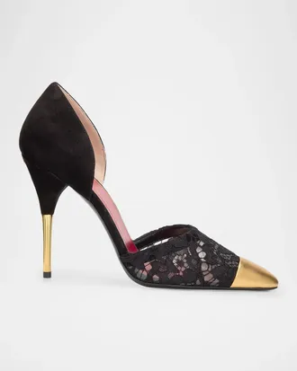 Valentino Garavani D & apos;Orsay Lace-Embellished Suede Pump