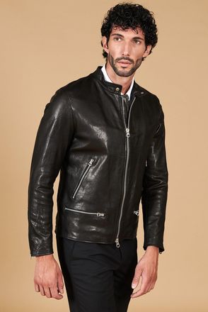 D'Arienzo Giacca in pelle lavata nera vintage quattro tasche zip DArienzo, Seleziona Taglia 46, Colore Nero