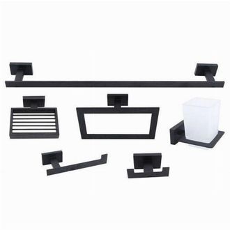 Trade Shop Trade Shop - Set Bagno Rettangolare Nero 6pz Porta Asciugamano Rotolo Bicchiere Spazzolino 87262