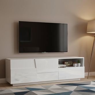 Dmora Dmora - Mueble Tv Velio, Aparador Bajo De Sal&oacute;n Con 2 Puertas Y 1 Caj&oacute;n, Base Para Mueble Tv, 150x44h46 Cm, Blanco Brillo