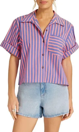 Matty M Chamber Directional Stripe Cotton Blend Button-Up Shirt in Flamingo/blue at Nordstrom, Size X-Large