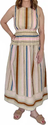 THML Clothing Stripe Midi Dress In Pink/tan