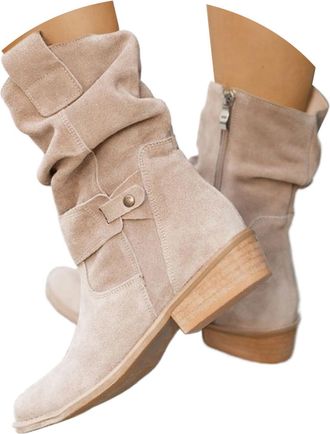 Generic Cowgirl Boots,Ladies Cowboy Boots,Wide Fit Suede Pointed Toe Low Heel Booties,Slip on Mid Calf Booties with Buckle,Comfortable Winter Warm Lightweight