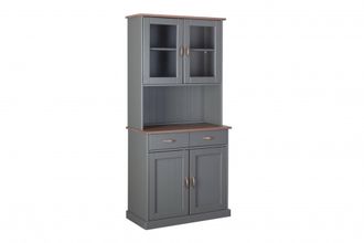 Dmora Aparador Con 2 Puertas Cerradas, 2 Vitrinas Y 2 Cajones, En Pino Macizo Pintado Gris Con Tapa Y Acabados Marrones, 90x45x191 Cm, Con Embalaje Reforzad
