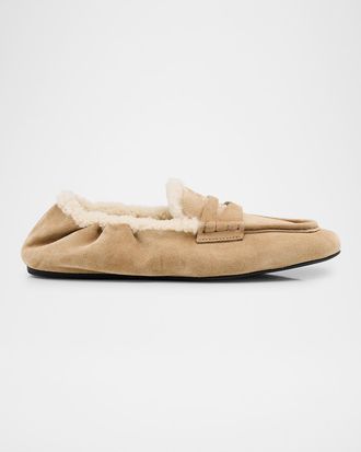 Miu Miu Shearling Lined Suede Penny Loafers