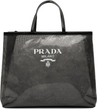 Prada Pre-owned Womens Large Sequined Mesh Logo Tote - Black Textile - One Size