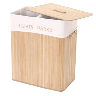 Hhg Nunca Usado] Cesto Para Ropa Sucia Hhg 153, Caja Para Ropa Sucia Cesto Para Ropa Sucia, Bamb&uacute; 2 Compartimentos 63x55x34cm 100l, Color Natural
