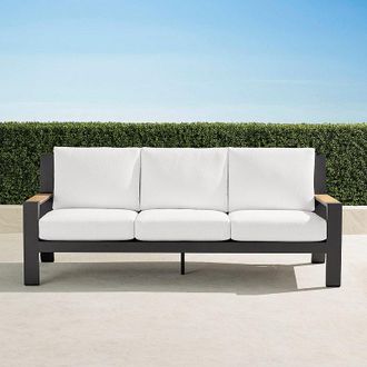 Frontgate Calhoun Sofa with Cushions in Matte Black Aluminum - Sunbrella Rain, Rain Sailcloth Seagull - Frontgate