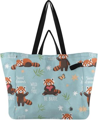 Generic Butterfly Red Panda pattern Reusable Canvas Tote Bag, Heavy Duty Grocery Shopping Bag with Hard Bottom Double Handles Large Capacity Work Groceries Tr