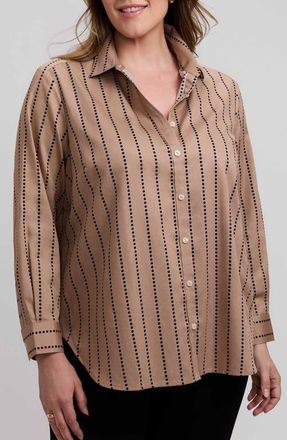 Foxcroft Stripe Boyfriend Button-Up Shirt in Almond Brown/black at Nordstrom, Size 1X