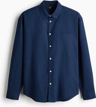 H&M Relaxed Fit Linen-blend Shirt in Dark Blue at Nordstrom, Size Xx-Large