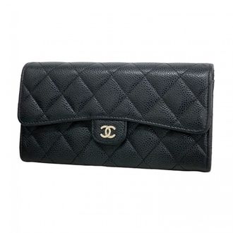 Chanel Black Grained Calfskin Long Wallet (Bi-Fold) (Pre-Owned)