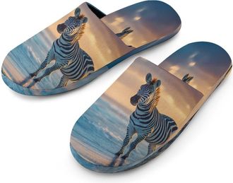 Generic Zebra Beach Sunset Mens Cozy Memory Foam Slippers Warm Cotton House Shoes Comfy Slipper for Indoor Outdoor