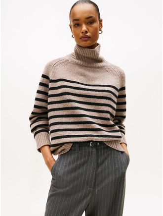 Tommy Hilfiger Womens Stripe Wool-Cashmere Turtleneck Sweater - Beige - S